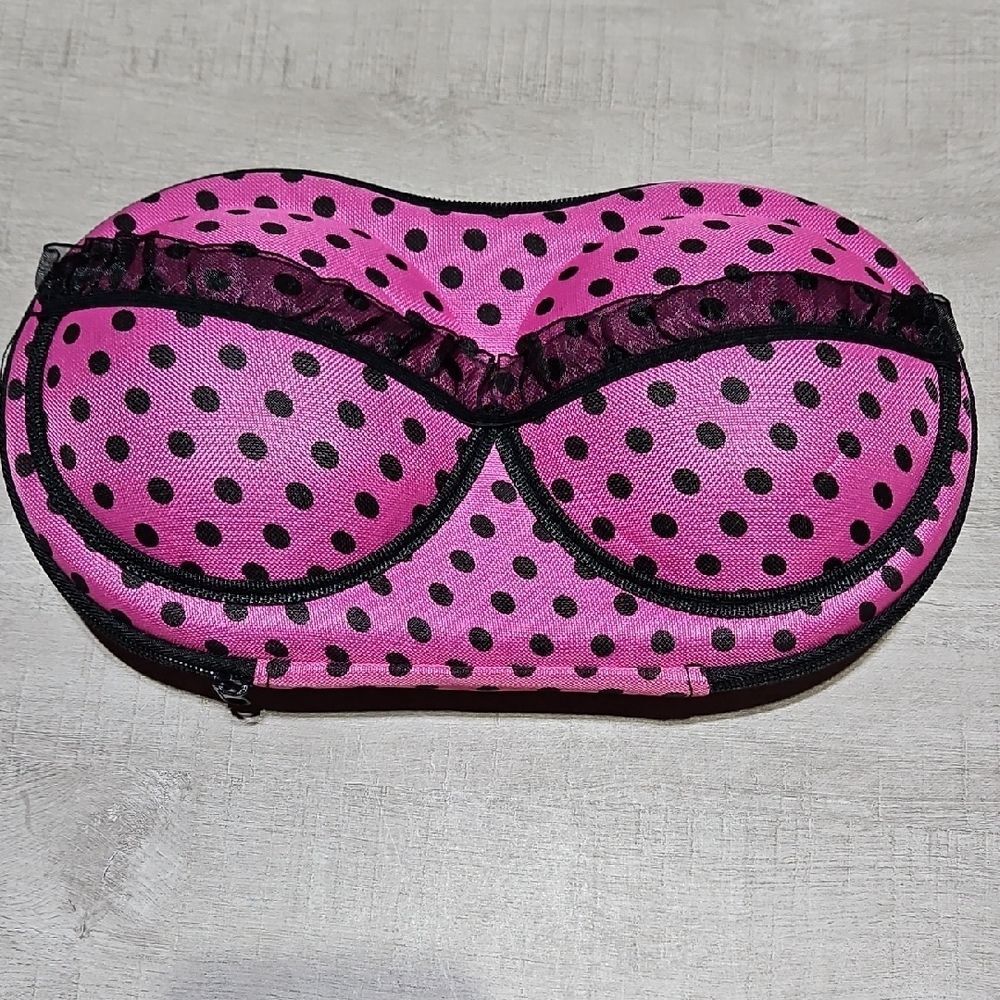 Pink Polka Dot & Black Lace Bra Travel Case. NWOT CLEARANCE